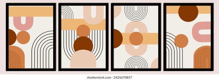 Boho Minimalist art: Chic minimalist wall art set with abstract geometric designs in terracotta tones, featuring sun, rainbow, and clay motifs.