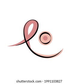 Signo de boho minimalista de pecho con cinta rosada para la campaña del Mes de Concienciación de Octubre sobre el cáncer de mama. Diseño de vectores de salud para mujeres. Diseño del logo para la conciencia del cáncer de mama. Una línea de arte.