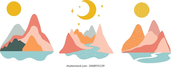 Boho minimalist ladscape with hills riverside lake moon and sunset bright colors