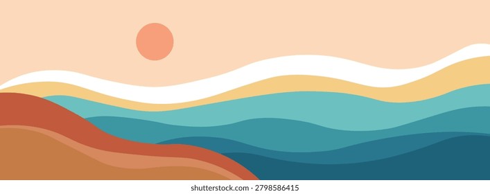 Boho minimalist landscape with abstract rolling waves and a sun, featuring a modern flat design with a warm and cool color palette.