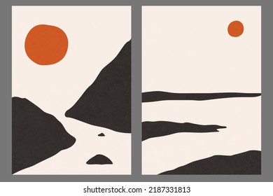 Boho minimalist landscape. Minimal scene at the lake and river. Modern Art. Black and white landscape. Abstract silhouette hills. Aesthetic mountains. Stock vector illustration 