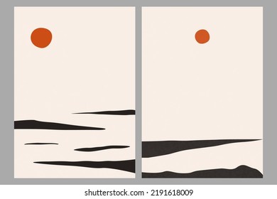 Boho minimalist landscape. Minimal scene at the lake and river. Modern Art. Black and white landscape. Abstract silhouette hills. Aesthetic mountains. Stock vector illustration 