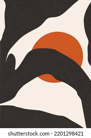 Boho minimalist landscape. Minimal scene at the rocks. Modern Art. Black and white landscape. Abstract silhouette hills. Aesthetic mountains. Stock vector illustration 