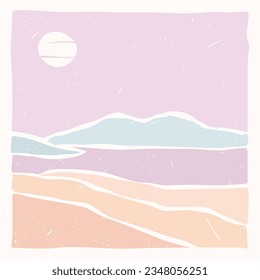 Boho minimalist landscape. Minimal scene at the lake. Modern Art. Pastel colours. Abstract silhouette hills. Aesthetic mountains. Stock vector illustration 