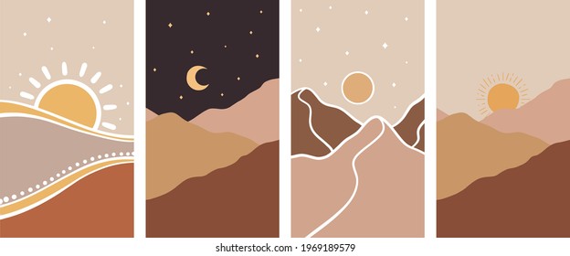 Boho minimalist landscape mountains sunset vector illustration set