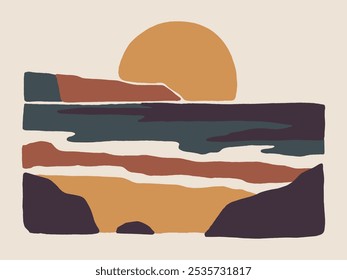 Boho Minimalista Paisagem Natureza Oceano Praia Tons Terrenos Vetor Ilustração Wall Art