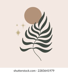 Boho minimalist leaf vector drawing botanical contour line illustration trendy home poster design pastel colors terra-cotta warm palette