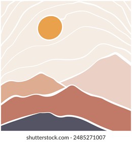 Boho minimalist mountain landscape with sun vector illustration. Art prints abstract landscape poster