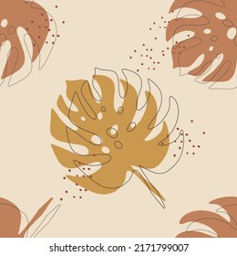 Boho minimalist style natural colors tropical patern. Monstera leaves hand drawn vector elements. One line hand graphics