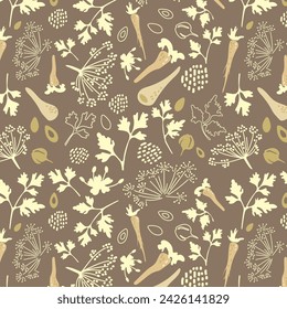 Boho minimalist style pattern with parsley plant, seeds, flowers and parsley root for wrapping paper or packaging design with parsley. Vector seamless floral design for kitchen decoration