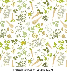 Boho minimalist style pattern with parsley plant, seeds, flowers and parsley root for wrapping paper or packaging design with parsley. Vector seamless floral design for kitchen decoration