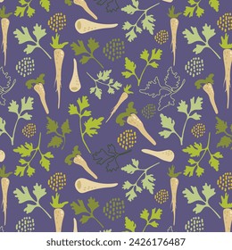 Diseño de estilo boho minimalista con planta de perejil y raíz de perejil para envolver papel o diseño de embalaje con perejil. Diseño floral sin fisuras del vector para la decoración de la cocina y los textiles de la cocina.