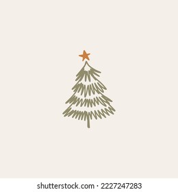 Boho minimalist vector and drawn simple christmas trees isolated on a light background