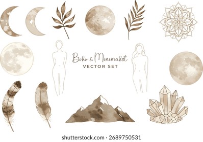 Boho minimalist vector set with moon phases, crystals, feathers, leaves, and female line art. Perfect for spiritual designs, posters, branding, wall art, and bohemian aesthetic projects.