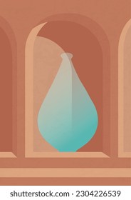 Boho minimalist wall art with arch and blue jar. Interior design illustration poster.