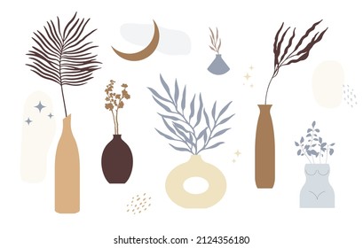 Boho minimalistic ceramic vases set. Contemporary pottery with herbal plant branches. Bohemian aesthetic, minimalist interior decor ceramic shapes. Vector illustration in pastel colours.
