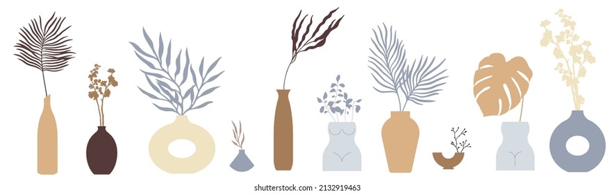 Boho minimalistic ceramic vases set. Contemporary pottery with herbal plant branches. Bohemian aesthetic, minimalist interior decor ceramic shapes. Vector illustration in pastel colours.
