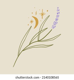 Boho minimalistic tiny lavender branch logo or label vector illustration