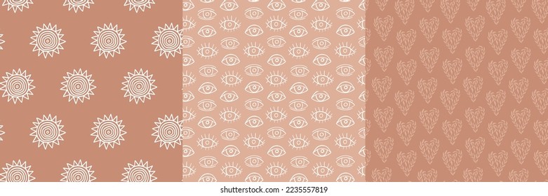 Boho modern abstract seamless pattern set with sun, floral heart, mystic eye. Minimal doodle background collection. Hand drawn element on trendy ethnic pattern. Vector illustration for print, wall art