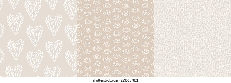Boho modern abstract seamless pattern set with leaf, floral heart, mystic eye.Minimal doodle background collection. Hand drawn element on trendy ethnic pattern. Vector illustration for print, wall art