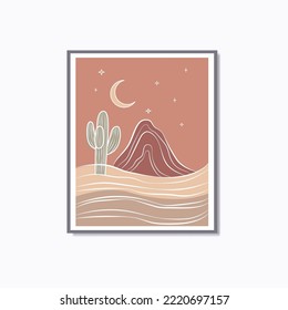 Boho modern linear desert cactus moon and mountain vintage retro wall art poster