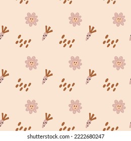 Boho modern minimalist pattern newborn carrot flower. Baby Shower Scandinavian pastel wallpaper. Textile fabric design for kids. Flat bohemian vector neutral background paper
