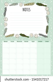 Boho monthly calendar with sage smudge sticks elements and to do list. Hygge herb bundles planner. Cute cartoon style hygge template for agenda, planners, check lists, and other stationery