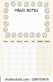 Boho monthly calendar with white candles decorative elements, place for notes and to do list. Cozy lagom planner. Cute cartoon style hygge template for agenda, planners