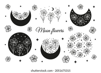 Boho moon flowers hand drawn set. Bohemian crescents, wildflowers and stars isolated on white background.