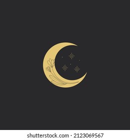 Boho moon. Flowers in trendy linear minimal style, golden silhouette, outline emblem or logo for jewelry, cosmetics, beauty and tattoo, mystery feminine, esoteric and astronomy vector illustration
