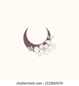 Boho moon. Flowers in trendy linear minimal style, pink silhouette, outline emblem or logo for jewelry, cosmetics, beauty and tattoo, mystery feminine, esoteric and astronomy vector illustration