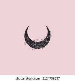 Boho moon. Flowers in trendy linear minimal style, black silhouette, outline emblem or logo for jewelry, cosmetics, beauty and tattoo, mystery feminine, esoteric and astronomy vector illustration
