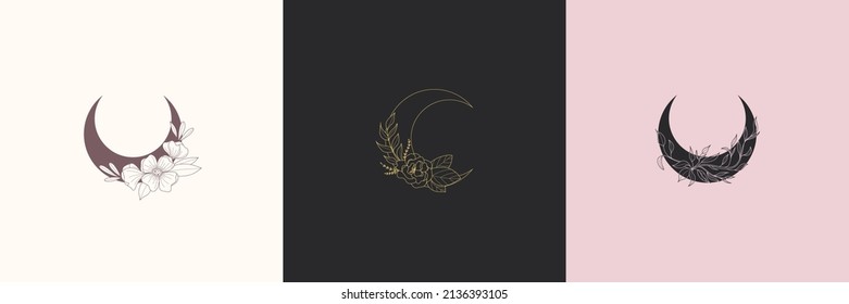 Boho moon. Flowers in trendy linear minimal style,print poster or card set, outline emblem or logo, jewelry, cosmetics, beauty and tattoo, mystery feminine, esoteric and astronomy, vector illustration
