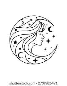 Boho Moon Goddess Face Crescent Line Art Illustration