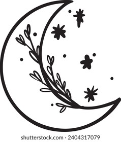 Boho Moon illustration with stars and floral elements - Mystic moon linear logo icon - For cosmetics, beauty, tattoo, spa, manicure, jewelry store. Antique style hand drawn art sun and crescent moon. 