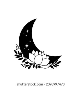 Boho moon and lilly or lotus flower. Mystic vector illustration isolated on white background. Clipart with crescent moon. Floral ethnic artwork for spiritual poster, logo, t-shirt print, tattoo.