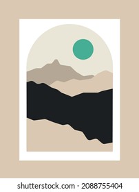 Boho moon and mountain illustration set mid century, poster boho style