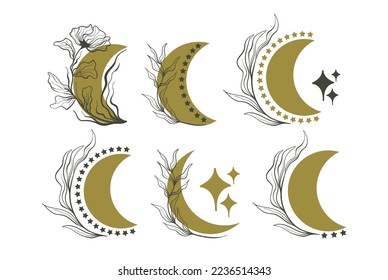 Boho Moon Mystic Celestial Floral Elements and Symbols Vector Graphics Collection 03