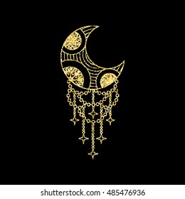 Boho Moon on Golden glitter sparkles background, template for banner, card, poster, flyer, web, header. Vector gold glittering illustration EPS100