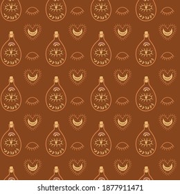 Boho moon pattern, alchemy potion bottles with eye, moon heart. Valentines day seamless background. Brown colors.