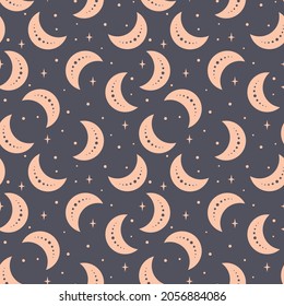 Boho moon pattern. Ethnic moon seamless pattern. Bohemian fabric design. Hand drawn decorative moon. Boho print wrapping paper, wrapping paper. Vector illustration.