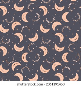 Boho moon pattern. Ethnic moon seamless pattern. Floral celestial decorative background. Bohemian fabric design. Hand drawn decorative moon. Boho nature print wrap, package paper. Vector illustration.