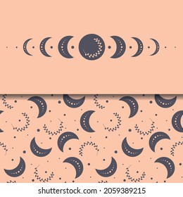 Boho moon pattern set. Ethnic moon seamless pattern. Floral celestial decorative background. Bohemian fabric design. Moon phase diagram. Boho sky background. Ethnic moon. Bohemian fabric design. 