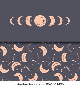 Boho moon pattern set. Ethnic moon seamless pattern. Floral celestial decorative background. Bohemian fabric design. Moon phase diagram. Boho sky background. Ethnic moon. Bohemian fabric design. 