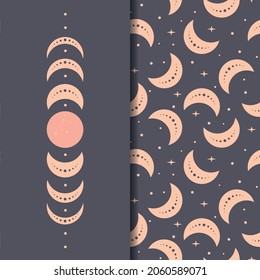 Boho moon patterns set. Ethnic moon seamless pattern. Starry heavenly decorative background. Bohemian fabric design. Phase diagram of the Moon. Boho sky background. Ethnic moon. Bohemian fabric design