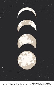 Boho moon phases background. Contemporary print, poster or card, mystery feminine symbol, esoteric and astronomy vertical backdrop, trendy minimalist wall art, vector illustration