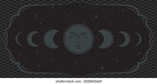 Boho moon phases background. Vector mystical cover with crescents and magical full moon with face, surrounded stars on black. Esoteric dark illustration in ornate frame