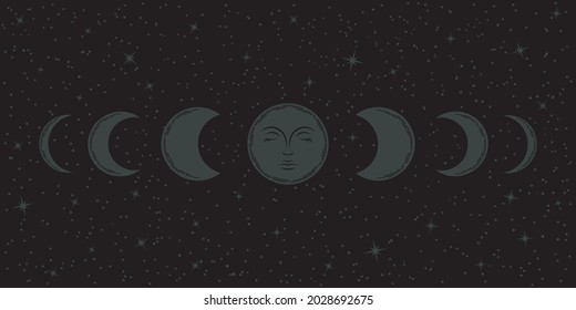 Boho moon phases background. Vector mystical cover with crescents and magical full moon with face, surrounded stars on black. Esoteric dark illustration