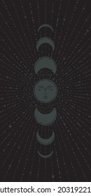 Boho moon phases background. Vector mystical vertical banner with crescents and magical full moon with face, surrounded beams and stars on black backdrop. Esoteric retro dark illustration