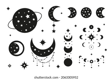 Boho moon phases, crescents, planet and stars isolated on white background. Witchy luna. Alchemy esoteric magic talismans.